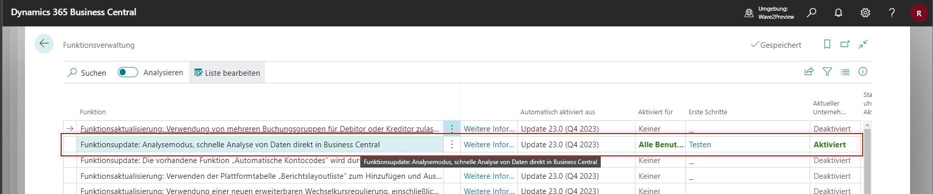 Funktionsverwaltung - Dynamics 365 Business Central  S